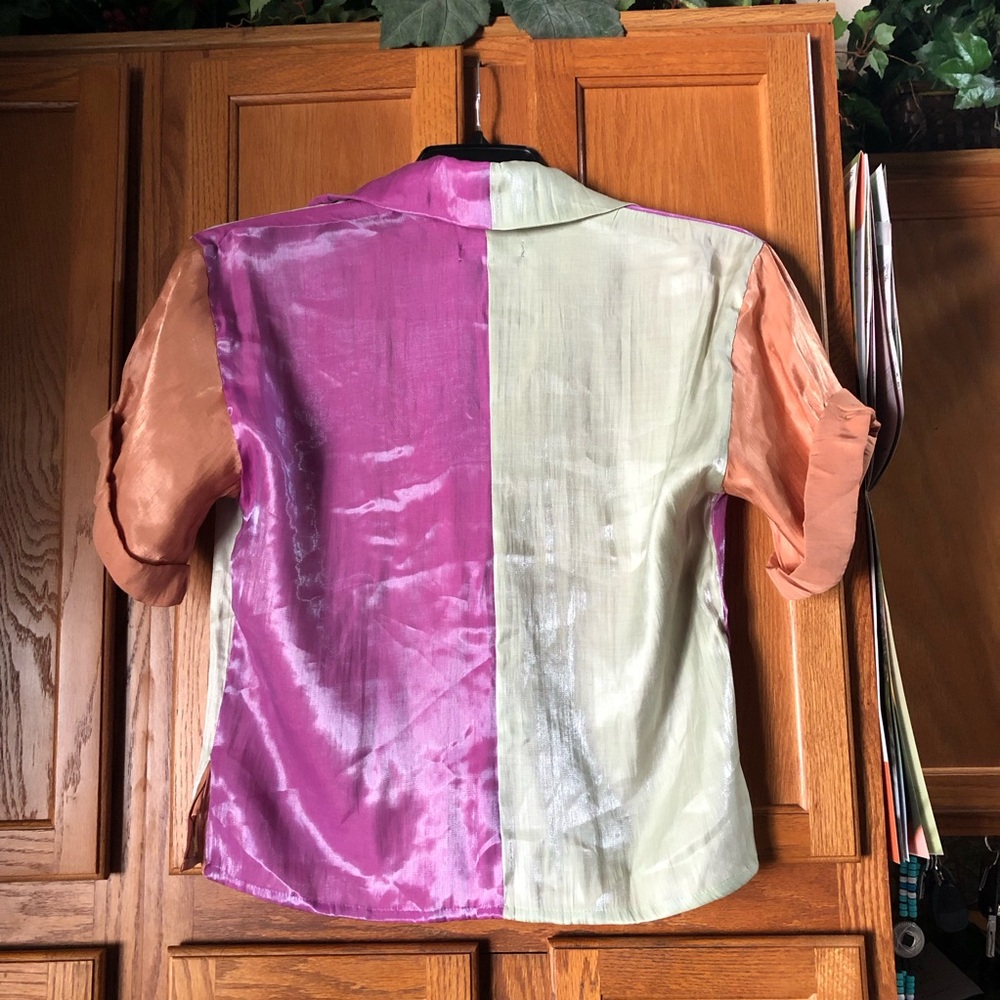 Pastiche Pink Collared Silky Color Block Button Up Blouse Size Small - Picture 12 of 16